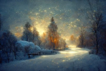 Fotobehang Illustratie van een winterlandschap bedekt met sneeuw met gloeiend licht © eyetronic