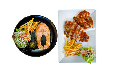 Top view of Salmon steak and pork steak, focus selective