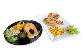 Top view of Salmon steak and pork steak, focus selective