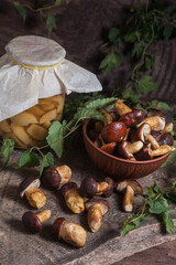 Pile of Imleria Badia or Boletus badius mushrooms commonly known as the bay bolete with canned mushroom in glass jar on vintage wooden background..