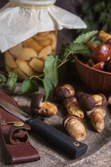 Pile of Imleria Badia or Boletus badius mushrooms commonly known as the bay bolete with canned mushroom in glass jar and knife on vintage wooden background..
