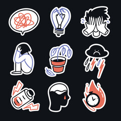 Sticker pack, set. Depression, apathy, sadness, psychotherapy, mental health, burnout. Vector icons or illustrations with strokes in doodle outline cartoon style.