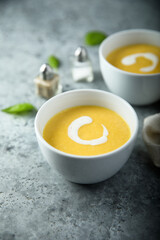 Traditional pumpkin soup with cream