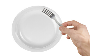 hand holding fork above the white ceramic plate, isolated