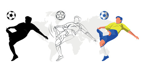 Plakat Soccer Player Kicking Ball Vector. silhouette and Line drawing football player Vector Illustration.