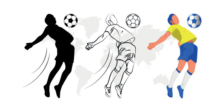 Soccer Player Kicking Ball Vector. silhouette and Line drawing football player Vector Illustration.