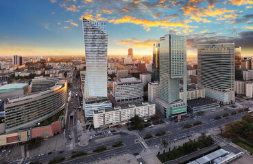Panorama of Warsaw city sunset, Poland.