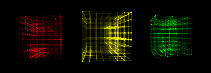 Vector set space cube. Network connection structure cyberspace with moving particles in closed room. Big data visualization. Abstract cyber security background.