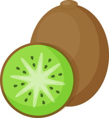 Tropical kiwifruit with slices cartoon vector illustration. Fresh natural fruit in flat style isolated on white background for restaurant menu design or organic market fruit banner.