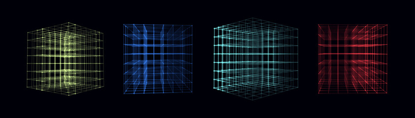 Vector set space cube. Network connection structure cyberspace with moving particles in closed room. Big data visualization. Abstract cyber security background.