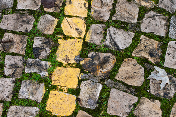 Portuguese sidewalk with yellow paint and green lichen between the stones.