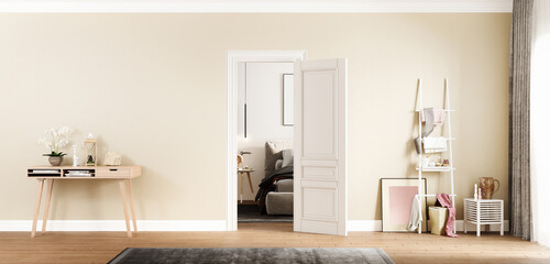 Fototapeta na wymiar Modern interior of living room with door, Console Table, Photo Frame 3d rendering