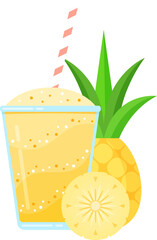 Natural fruit smoothie vector illustration. Sweet protein shake or vegeterian juicy cocktail set in glass cup with straw and fresh fruits for smoothie social media promotion banner