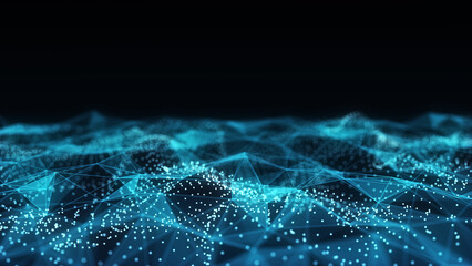 Digital technology double wave. Dark cyberspace with motion dots and line. Futuristic digital background. Big data analytics. 3D rendering.