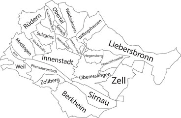 White flat vector administrative map of ESSLINGEN AM NECKAR, GERMANY with name tags and black border lines of its municipalities