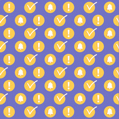 Seamless pattern with bell, exclamation point and check mark icon on purple background for banner, pattern background, wallpaper, wrapping paper, scrapbook, textile and other design