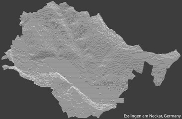 Topographic negative relief map of the city of ESSLINGEN AM NECKAR, GERMANY with white contour lines on dark gray background