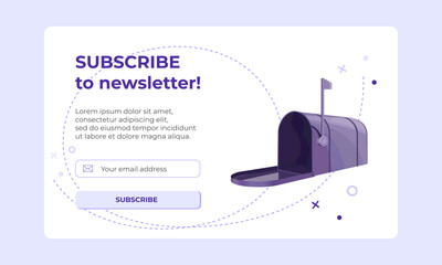 Subscribe to newsletter banner with mailbox. Vector banner of email marketing. Subscription to newsletter, news, offers, promotions