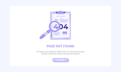 Page not found banner template. Design template for web page with 404 error. Flat illustration of clipboard with magnifying glass and document with pics and on purple background