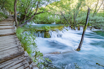 Obraz premium Wooden bridge footpath over a small lake with bulrush in The Plitvice Lakes National Park in Croatia Europe.