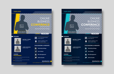  Business conference live meeting & event flyer template. Corporate invitation business workshop & abstract seminar promotion poster design. Leaflet, modern layout, pamphlet, vector flyer in A4.