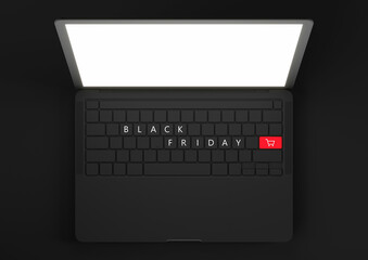 Laptop computer with bright glowing screen. Black Friday and shopping trolley icon on keyboard. Black background. Copy space. Online shopping. Cyber Monday.