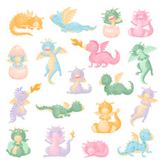 Obraz premium Cute Little Baby Dragons with Wings and Tail as Fairytale Character Big Vector Set