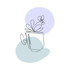 Blooming pansy in a mug lineart vector illustration. Perfect for T-shirt, sticker, poster, decor and design.