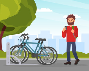 Young man using bicycle for personal urban city transportation. Eco friendly alternative vehicles flat vector © Happypictures