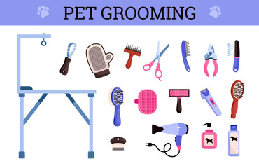 Pet grooming equipment set, scissors, brushes and shampoo - flat vector illustration isolated on white background.