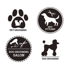 Pet grooming salon logo templates, silhouette of pets and grooming equipment, vector illustration isolated on white.