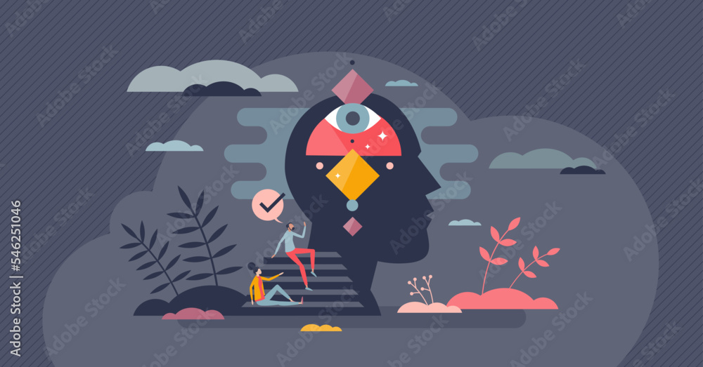 Poster intuition knowledge, inner intelligence and gut feeling tiny person concept. feeling inside head and