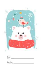 Add a New Year's greetings card to the package with a signature from the donor with a cute polar bear and a bird on his head