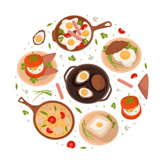 Tasty dishes for breakfast of circular shape. Egg dishes backdrop, packaging, banner, poster desgn cartoon vector