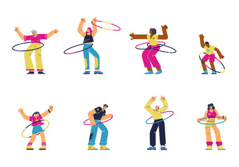Set of happy hula hooping people flat style, vector illustration
