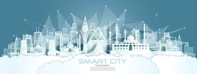 Technology wireless network communication smart city with architecture in Kazakhstan. - obrazy, fototapety, plakaty