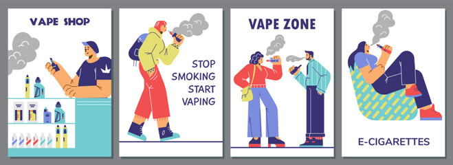 Vape and vaping supplies stores advertising banners cartoon vector illustration.