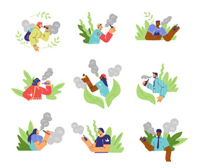 Fototapeta premium Set of vaping men and women flat style, vector illustration