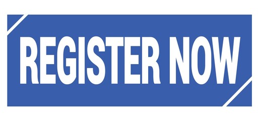 REGISTER NOW text written on blue stamp sign.