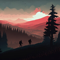 Illustration of hikers backpacking in the mountains. 