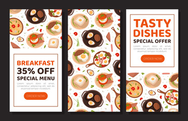 Fototapeta na wymiar Egg recipes mobile app. Tasty healthy dishes for breakfast landing pages, web banners set cartoon vector