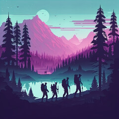 Fototapeta na wymiar Illustration of hikers backpacking in the mountains. 
