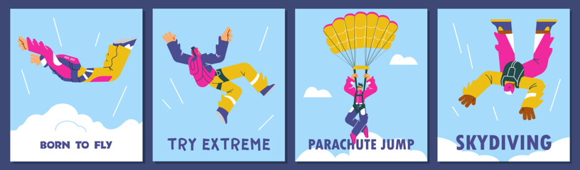 Skydiving and parachute jump posters, flat vector illustration.