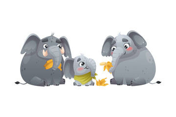 Elephant Family with Parent and Sweet Baby Eating Banana Together Vector Illustration © Happypictures