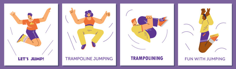 Teenagers jumping on trampoline, posters set - flat vector illustration.