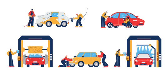 Set of scenes about car wash service flat style, vector illustration