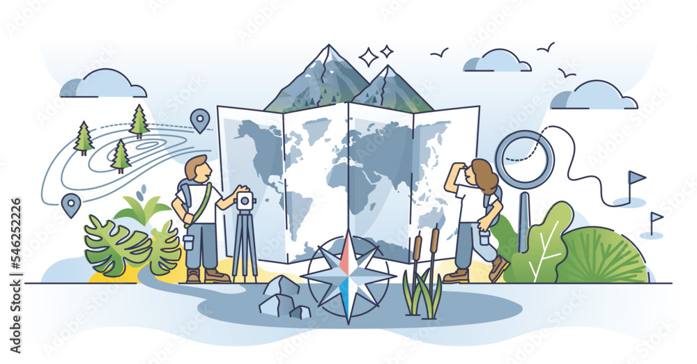 Poster cartographer occupation with map measurement data outline concept. work with earth atlas information