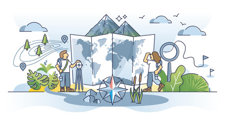 Cartographer occupation with map measurement data outline concept. Work with earth atlas information, surface and relief guidance vector illustration. Mapping job for cartography and localization. © VectorMine