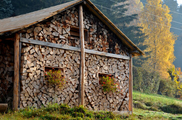wooden house with a roof and windows made of planks embedded in leveled split wood for heating in a cottage or house. in niche are flower beds with red blooming geraniums in autumn alpine landscape