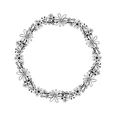 Hand drawn sketch wreath of flowers and leaves